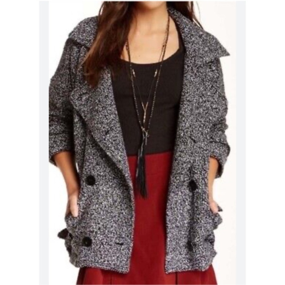 Free People Boucle Double-Breasted Knit Coat – Black & White